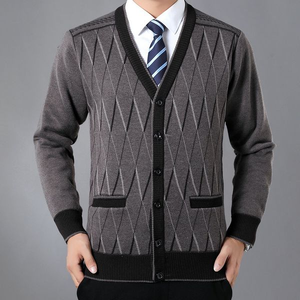 

men wool cashmere caridgan knitwear black camel red rhomboids pattern thicken fleece v-neck warm sweaters autumn early winter, White;black