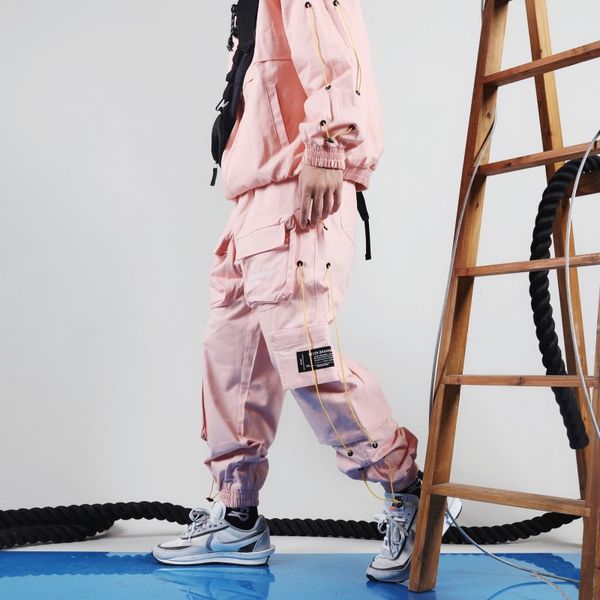 

hip hop joggers pants men 2020 fashion streetwear pink cargo harem trousers pant elastic waist ribbon design pant men, Black