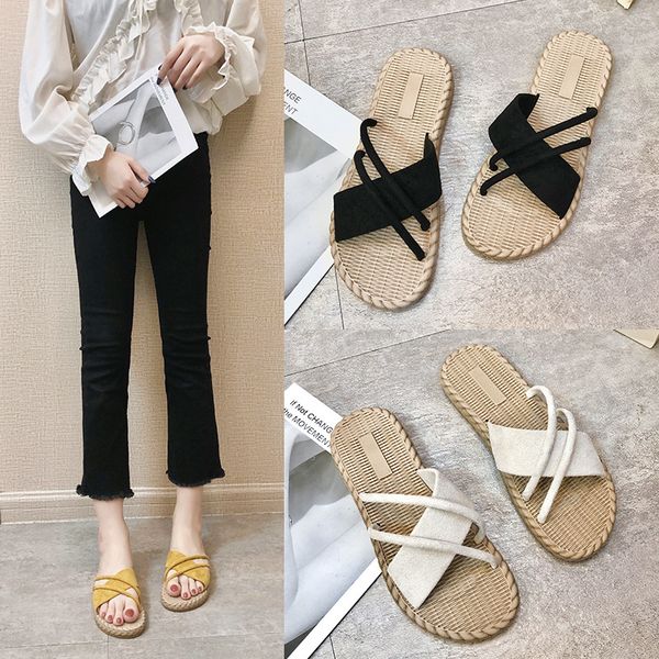 

summer 3 colors flax home slippers women slapping beach flip flops non-slip family slippers, Black