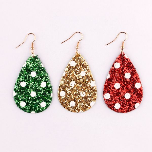 

christmas sequins glitter leather earrings collection for women white dot teardrop faux leather statement earrings holiday jewelry, Silver