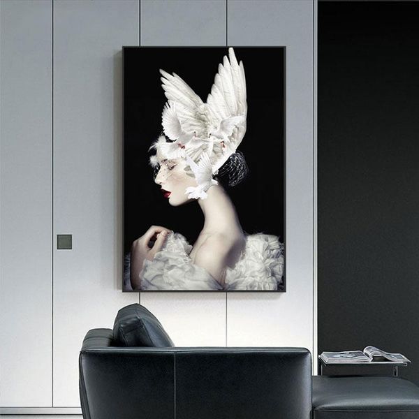 

charming girl pigeon on head canvas painting meditation beauty posters wall art picture for living room home decor (no frame