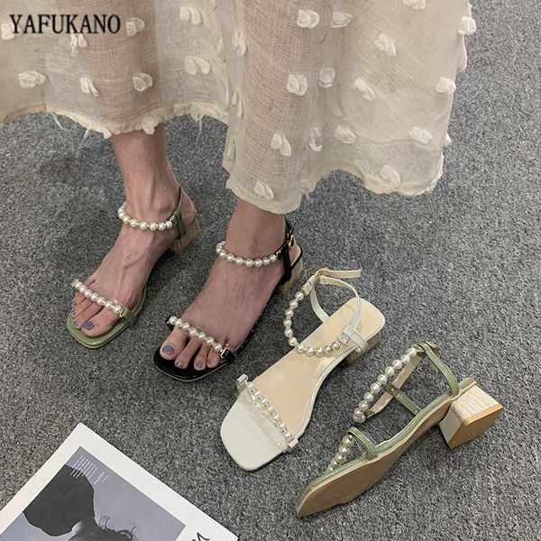 

summer women sandals pearl shoes beach ankle strap thick heel sandals designer outdoor open toe med heel shoes, Black