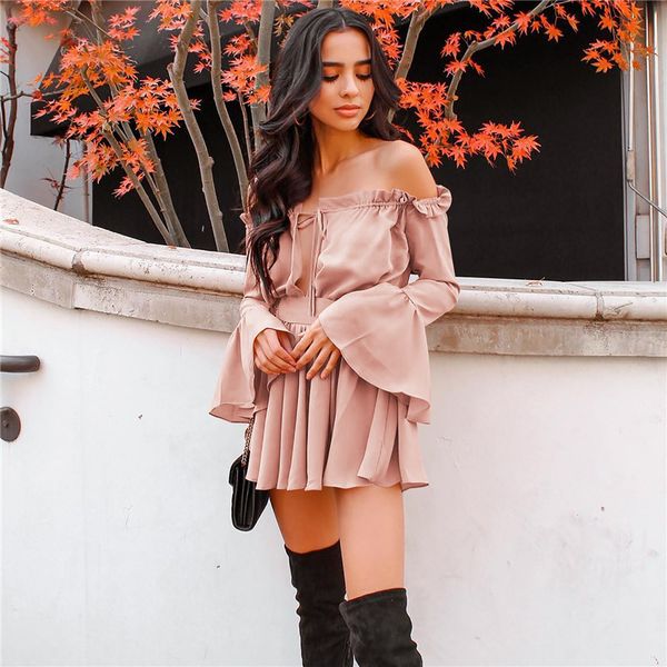 

women deep slash-neck off shoulder dress ladies long sleeve solid flare dresses 2020 party high waist dress, Black;gray
