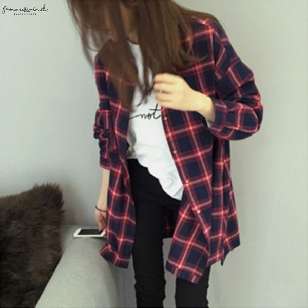 

spring new fashion casual lapel loose blouses women plaid shirt female long sleeve blouse, White