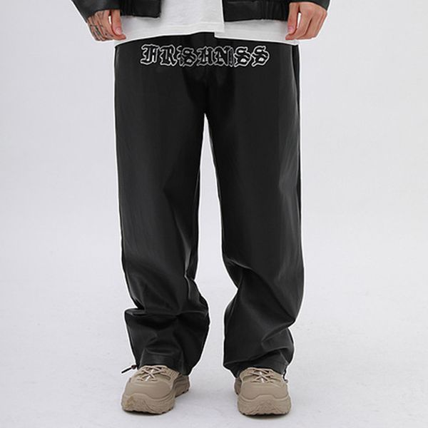 

male streetwear hip hop wide leg harem trousers jogger sweatpants pants men letter embroidery loose casual straight leather pant, Black