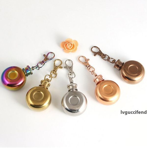 

stainless steel mini hip flask portable repeatable solid color round liquor wine pot metal small hip flask keychain creativity gift cls274