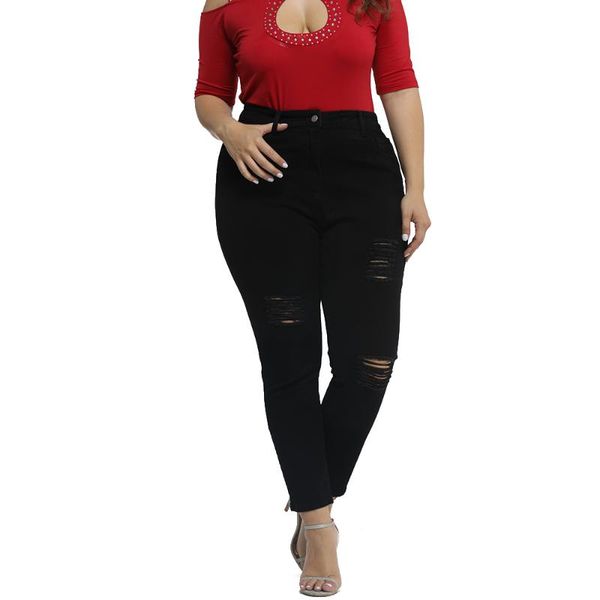 

плюс размер денима джинсы женщина xl-4xl высокой талией ripped slim fit zipper карманы брюки повседневные женские джинсы узкие брюки брюки, Blue