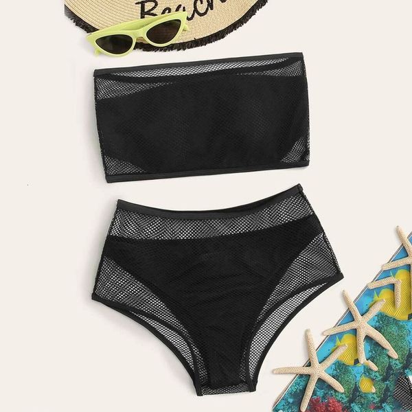 

2020 новый купальный костюм женщины black mesh лоскутная monokini mujer без бретелек бандо бикини set высокой талией два купальник 303 3, White;black