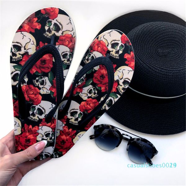 

twoheartsgirl mexico skull print flip flops soft rubber sole flat slippers for women casual female ladies summer beach flipflops c29, Black