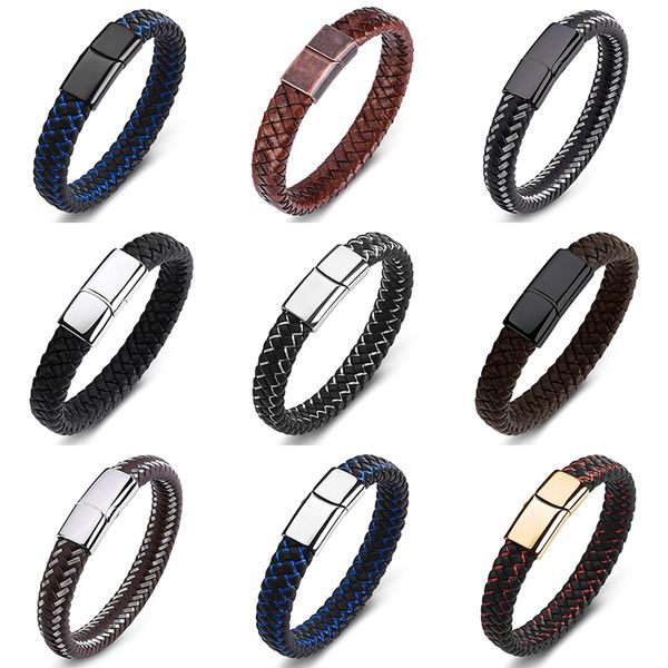 

bracelet men fashion jewelry braided leather handmade trendy stainless steel clasp punk male wrist band, Golden;silver