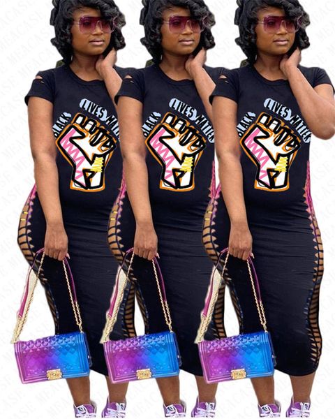 

black lives matter letters broken holes short sleeves t shirt dress women bodycon long dresses slim one piece skirts dress d71401, White