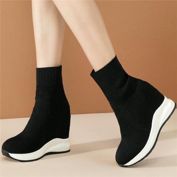 

women breathable knitting wedges high heel ankle boots female high round toe fashion sneakers casual shoes platform trainers, Black