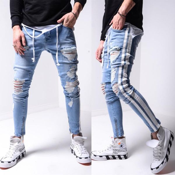 

2020 new mens solid color striped jeans male hip hop foot zipper skinny jeans ripped slim denim pants for men trousers hommes, Blue