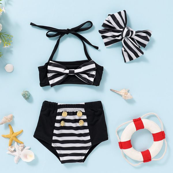 Simpatico costume da bagno con fiocco a righe per bambina, a vita alta, con bottoni in metallo, bikini allacciato al collo, classico costume da bagno da spiaggia per bambini in bianco e nero