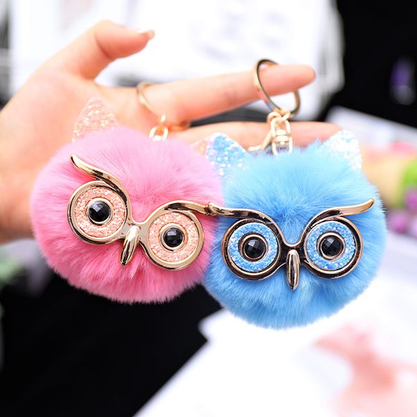 

lovely sequin ear owl keychains for girls boy fluffy fake animal fur ball pompon key chain charm women bag key ring xmas gift, Silver