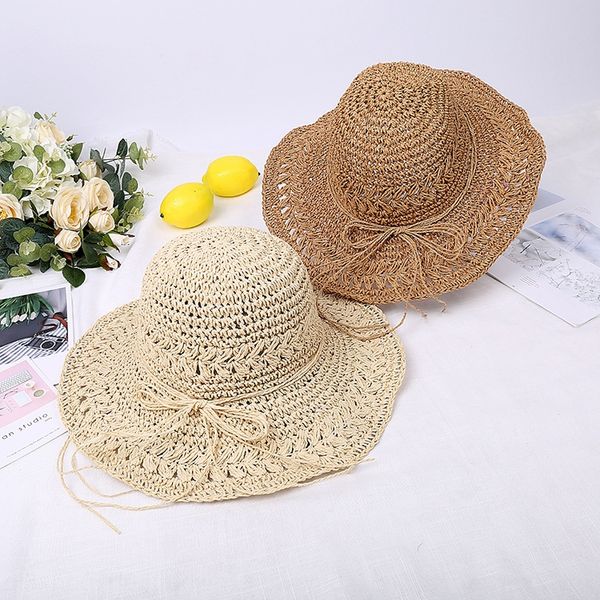 

new bowknot women's beach sunshade big lace edge straw hat korean foldable dome lace big edge straw hat, Blue;gray