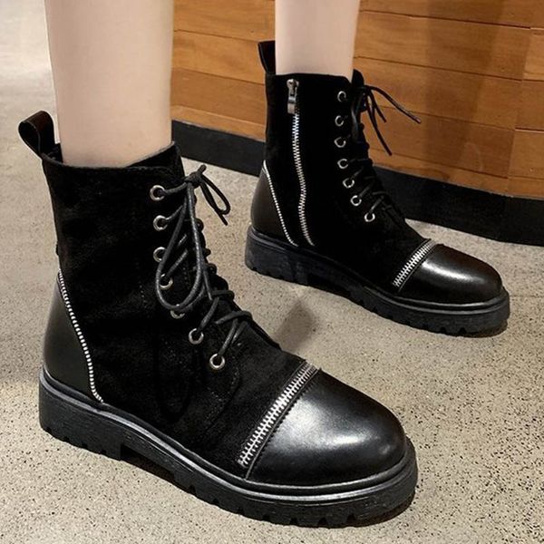 

student patchwork lace up flock riding botas winter plush botas mujer british zipper bottes thick heels boots women shoes 2020, Black