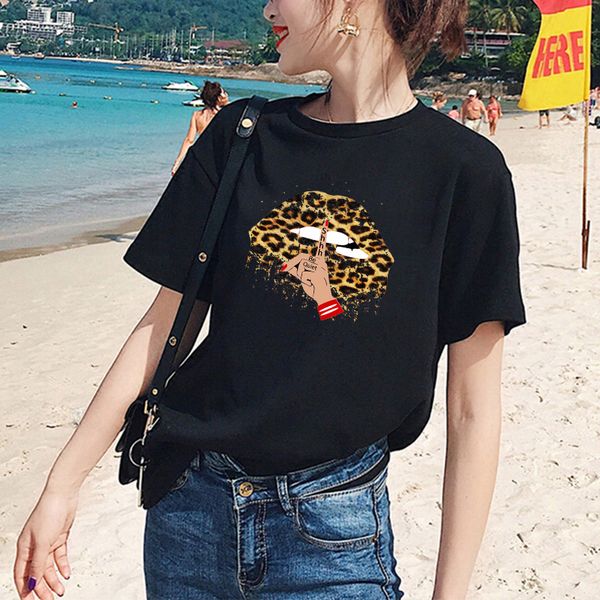 

NEW Women Designer Short Sleeve T-shirts DIY Leopard Print Lips Novelty Pattern Fashion Style Show Your Personality Fearless T005A799