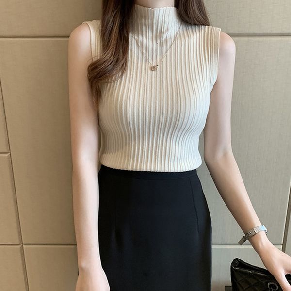 

women tees autumn summer simple pullover half high collar vest sleeveless knitted shirts elastic basic t shirt tanks camis, White