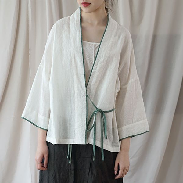 

scuwlinen 2020 women spring summer vintage chinese style v-neck lacing panelled zen ramie blouse women loose kimono p098, White