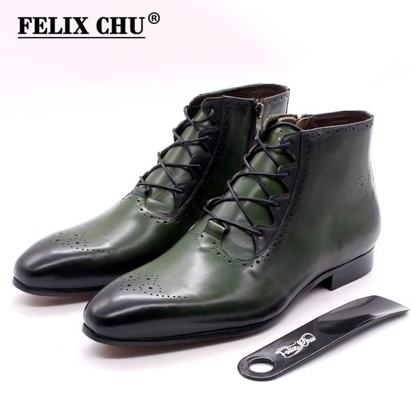 

felix chu genuine calf leather ankle boots men casual boots green blue lace up men's dress mens leather western, Black