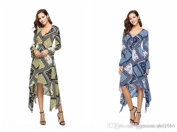 

оптовые женщины платье v-образным вырезом летняя мода белл с длинным рукавом асимметричный elegant lady плед юбка печати вскользь сыпучие пл, Black;gray