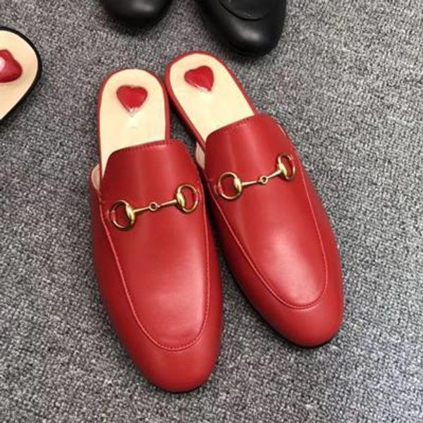

classic designer metal buckled beach slippers soft cowhide loafer soft leather cartoon half slippers fashion luxury ladies sandals slip on, Black