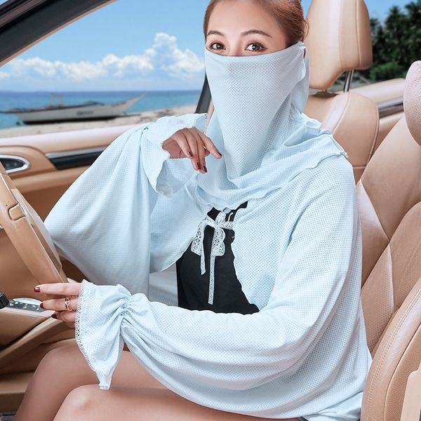 

ice silk sunscreen shawl women's summer new mesh breathable bicycle shawl bicycle outdoor cycling sunshade mask two-piece set, Blue;gray