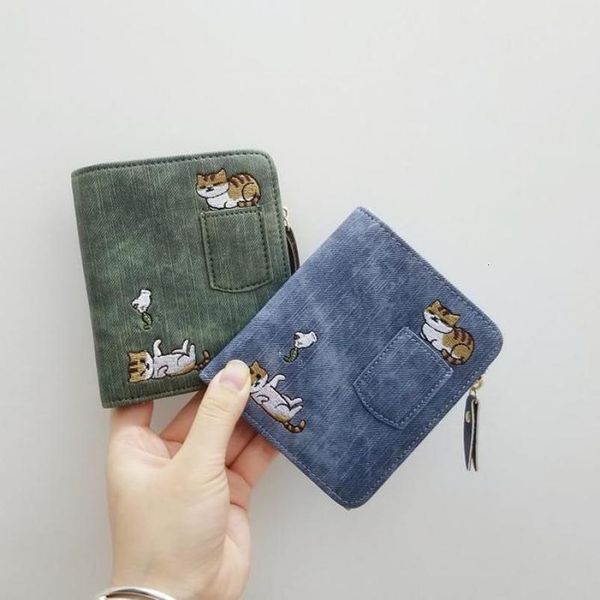 

embroidered cat wallet small zipper coin purse bag short designed cartoon wallet female ladies coin wallet mini card holders, Red;black
