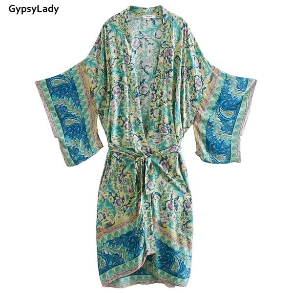 

gypsylady floral kimono long cardigan vintage boho blouse summer kimono women belted girls beach vocation blouses tunic, White