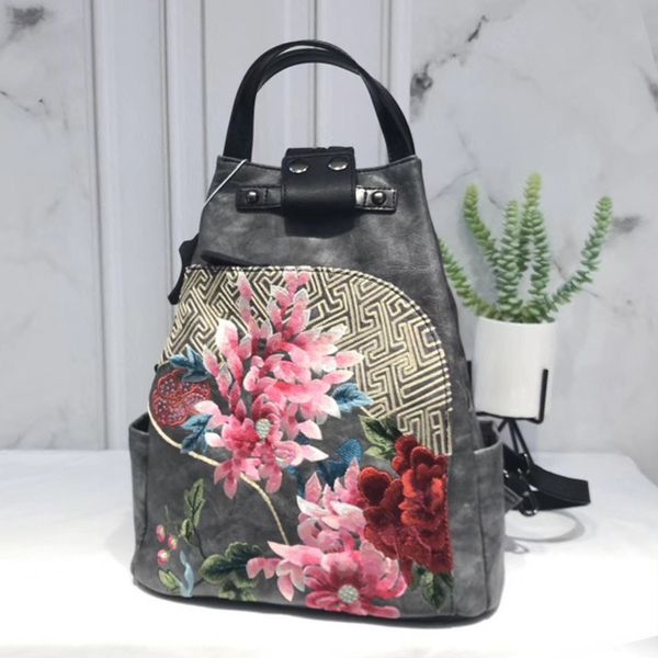 

aber vintage bagpack 2020 new chinese style handmade embroidery women leather bag large capacity female travel backpack