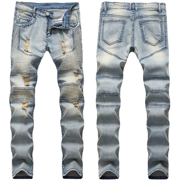 

new mens distressed ripped fear of god biker jeans slim fit motorcycle biker denim classic designer pants, Blue