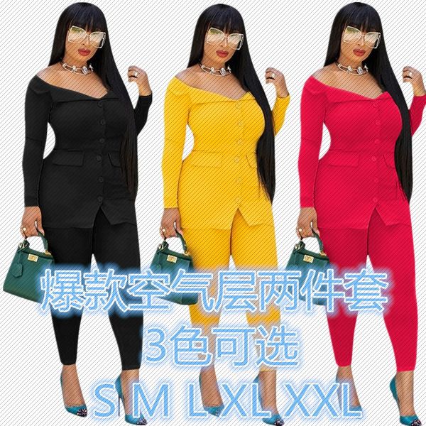 

h8882 independent station fashion casual off-shoulder suit solid color european and american womens two-piece one-piece hair, Gray