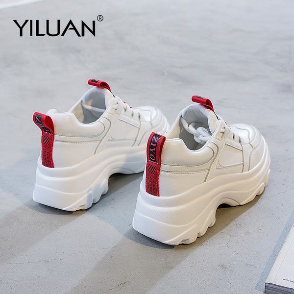 

yiluan striped sneakers women platform shoes 2020 autumn white casual shoes woman flat leather increase 7cm student small size, Black