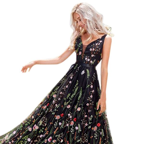 

women deep v-neck sleeveless dress elegant embroidered party tank dresses, White