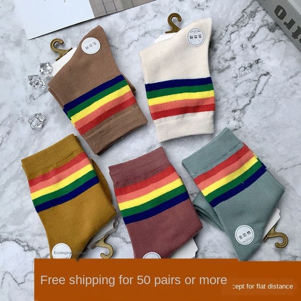 

eco- striped women's medium-tube seasonal cotton socks medium-thick sweet cotton socks, Pink;yellow