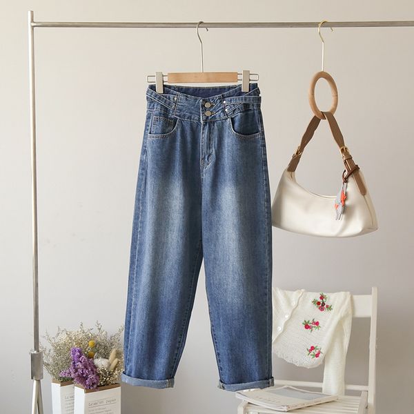 

vintage high waist long jeans women 2020 autumn loose casual streetwear button pockets chic straight pants female bandage, Blue