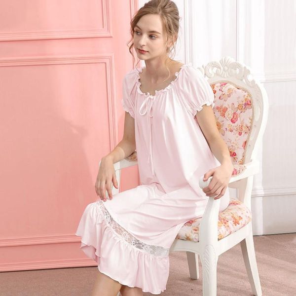 

women nightdress short sleeve pleated retro puff sleeve off-shoulder cotton long white thin sleeping dress for summer, Black;red