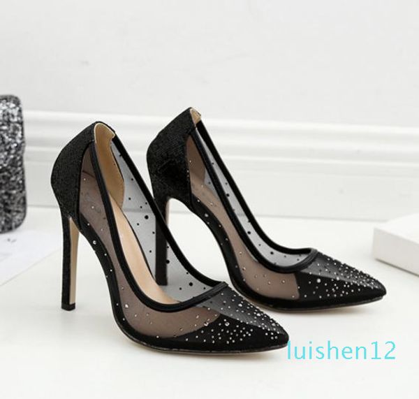 

luxury bridal wedding shoes meshy rhinestone pointed pumps fashion luxury designer women shoes nude silver size 35 to 40 l12, Black