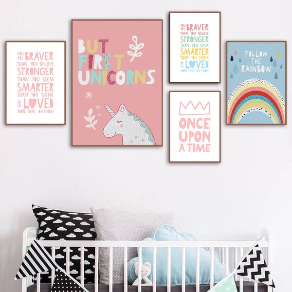 

girl nursery wall art canvas poster minimalist unicorn pink cartoon painting decoration picture nordic kids playroom decor