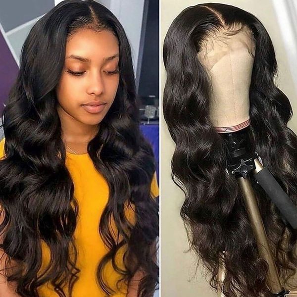 

парик объемная волна человеческие волосы remy glueless 150% плотность 13x4 фронта шнурка человеческих волос парики pre щипковых 13x6 transpa, Black