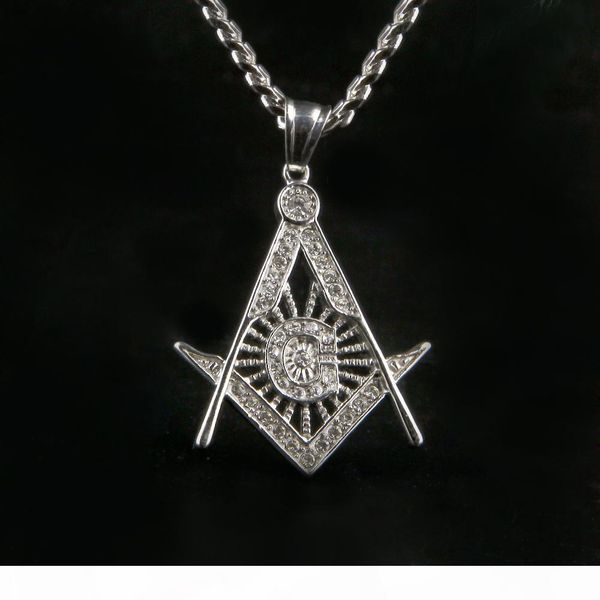 

hip hop gold plated masonic charm pendant iced out crystal stainless steel silver tone ason pendant necklace collar chain