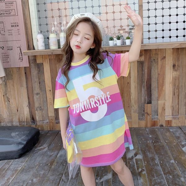 

wear 2020 new children's t-shirt children's clothing girl's t-shirt skirt big boy korean rainbow fake two-piece long t-dress, Blue