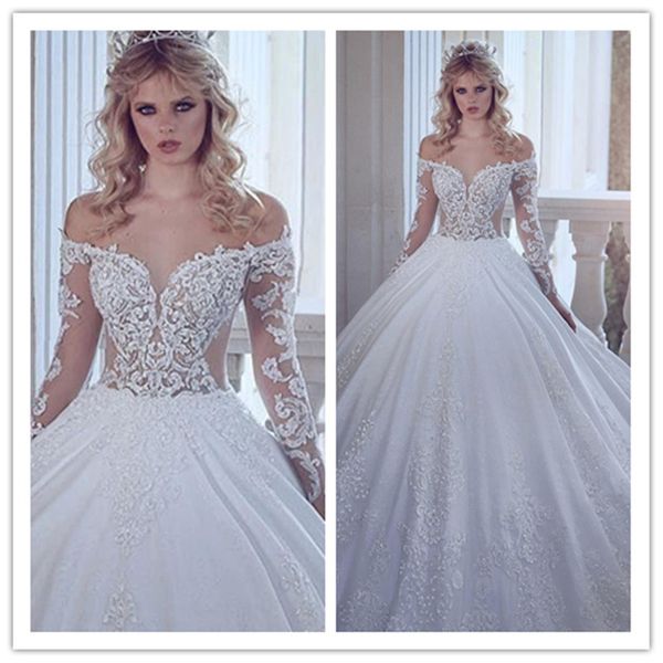 

luxury amazing a line wedding dresses illusion off shoulder lace appliques crystal beaded long sleeves bridal gowns vestidos de mariee, White