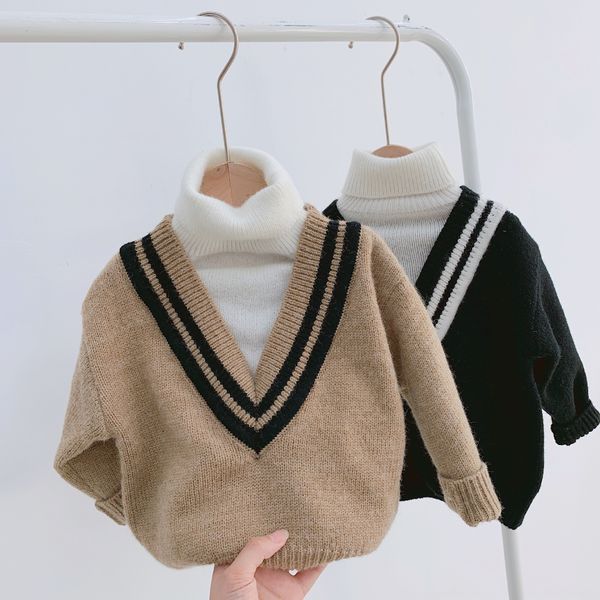 

children's 2019 squinting autumn new boys' big v-neck fake two-piece sweater baby's turtleneck sweater, Blue
