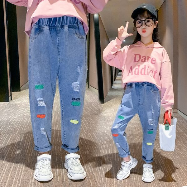 

v3soj girls' jeans girls' 6-year-old primary school students 7 spring and autumn jeans children's pants pants crawler 8 loose, Blue