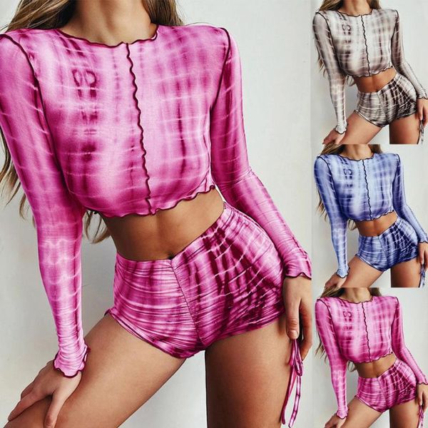 

спортивный костюм bodycon женщины matching set tie-краситель с длинным рукавом мода повседневная двухкусочный эпикировка basic crop top шорт, White;red