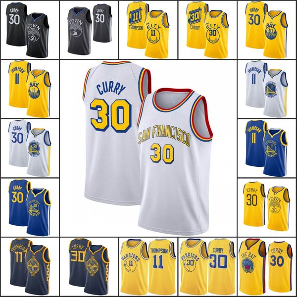 

golden state warriors men stephen curry 11 klay thompson hardwood classics nba 2019-20 basketball jersey, Black