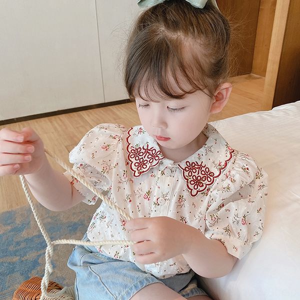 

children's clothing doll 2020 summer new children's korean style girls' floral western style shirt doll shirt top, White;black
