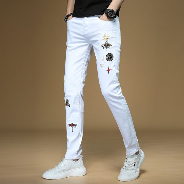 

white men's fashion brand slim-fit elastic and jeans embroidered jeans leggings high-end boutique embroidered trousers city, Blue